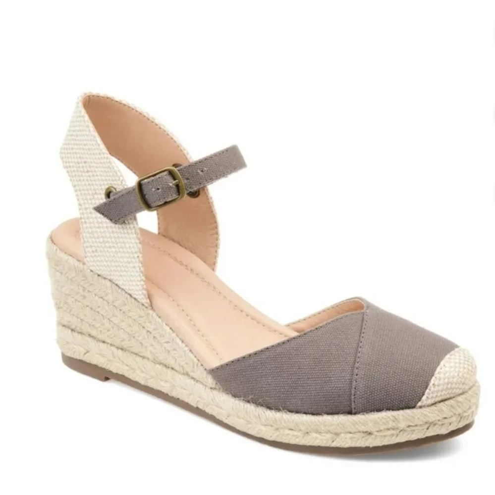 Tru Comfort Espadrille - Gray w/ Raffia Wedge - Canvas Textile Wide Width 8